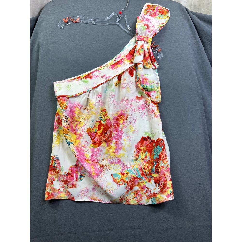 Parker Women's One Shoulder Silk Bow Top Pink Yellow Abstract Floral Print Small